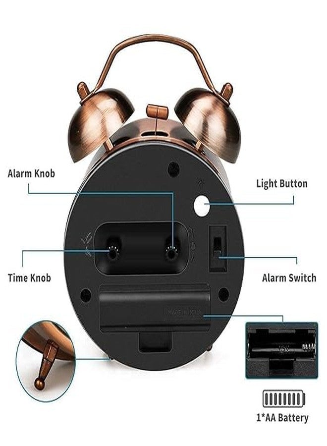 DRONTER Vintage Twin Bell Analog Display Table Alarm Clock with Night LED Light Heavy Slippers Extra Loud Alarm Clock Ideal for Student & Kids Bedroom (Copper) - Image 5